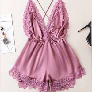 NWOT Elegant Lace Trim Cami Satin Romper - Dusty Pink, Intimate Pajamas Size L
